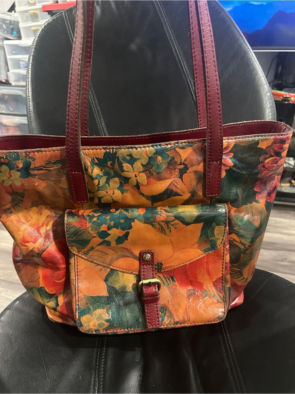 Patricia Nash Multicolor Floral Leather Tote with Burgundy Straps